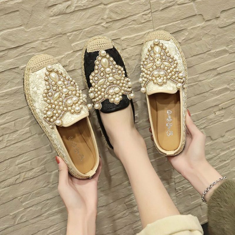 Kvinner Pearl Decor Blonde Print Decoration Flats Loafers