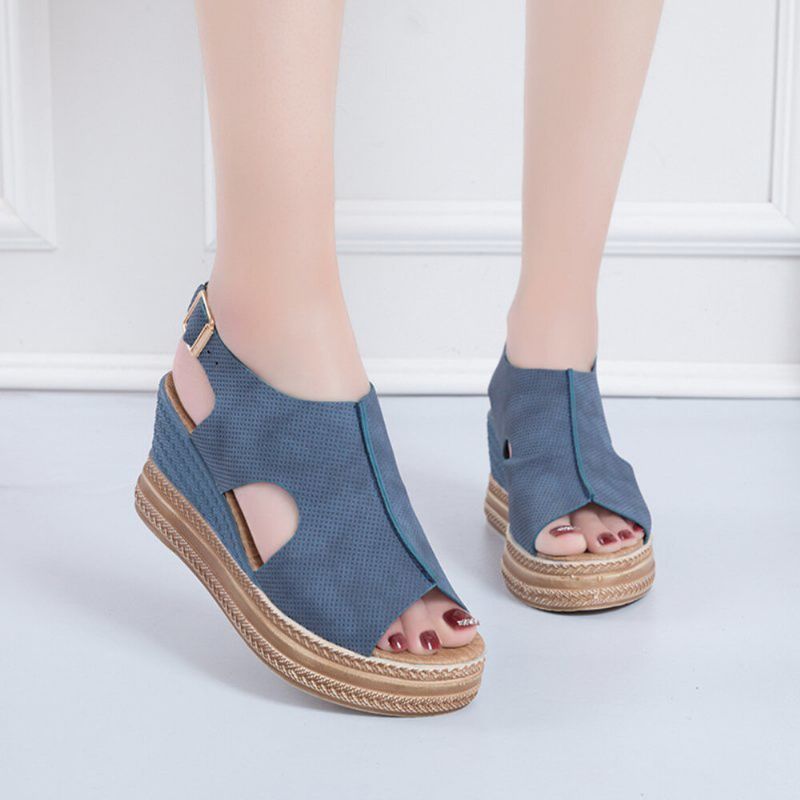 Kvinner Retro Peep Toe Hollow Slingback Buckle Platform Sandaler