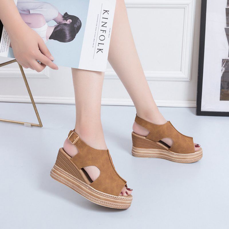 Kvinner Retro Peep Toe Hollow Slingback Buckle Platform Sandaler