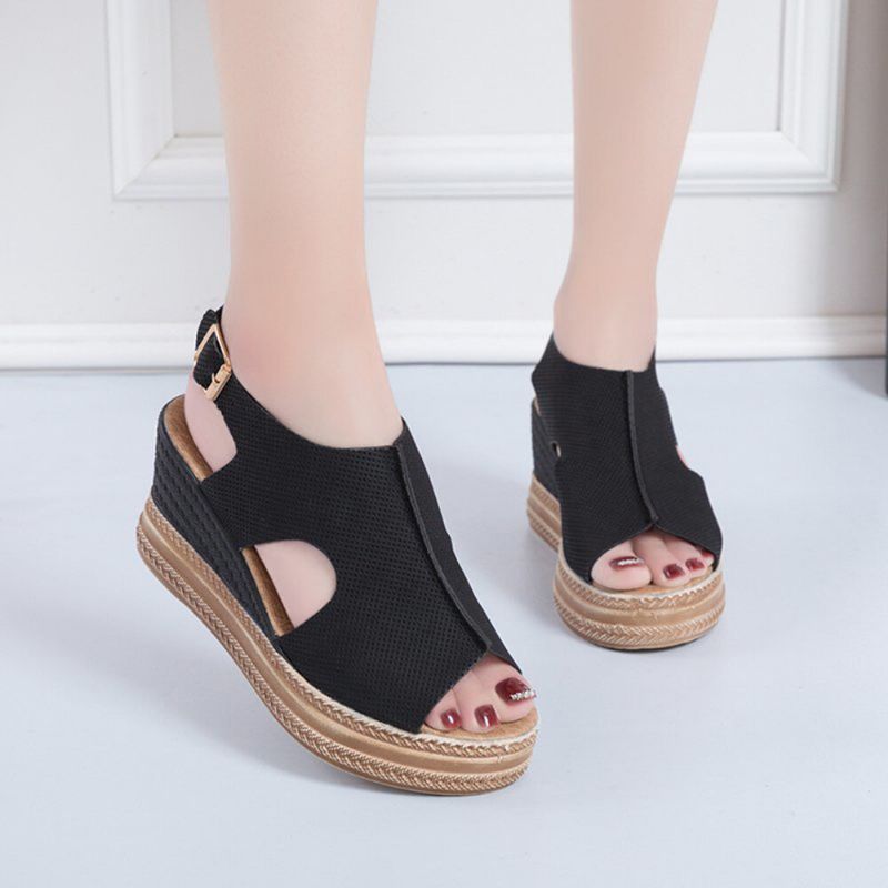 Kvinner Retro Peep Toe Hollow Slingback Buckle Platform Sandaler