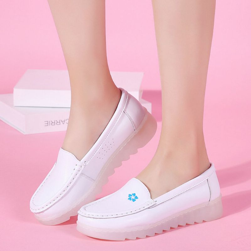 Kvinner Soft Floower Hvit Sklisikker Wedges Loafers