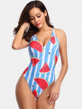 Kvinner Vannmelon Print Stripet V-hals Ryggløs Formet Cool Summer One Piece