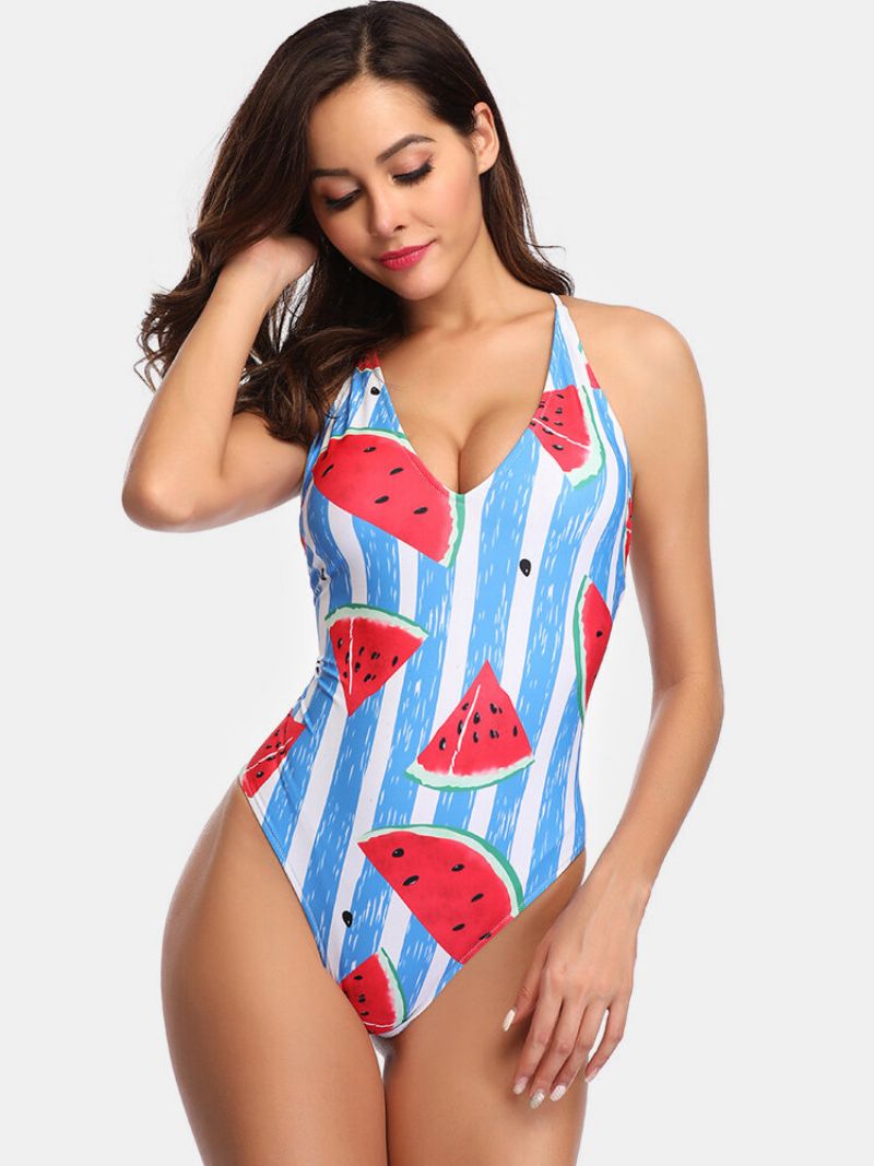 Kvinner Vannmelon Print Stripet V-hals Ryggløs Formet Cool Summer One Piece