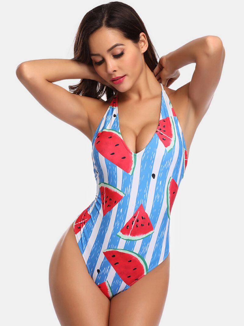 Kvinner Vannmelon Print Stripet V-hals Ryggløs Formet Cool Summer One Piece