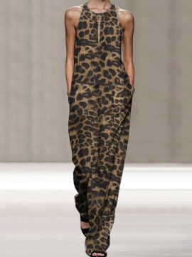 Leopard Print Ermeløs Plus Size Løs Jumpsuit