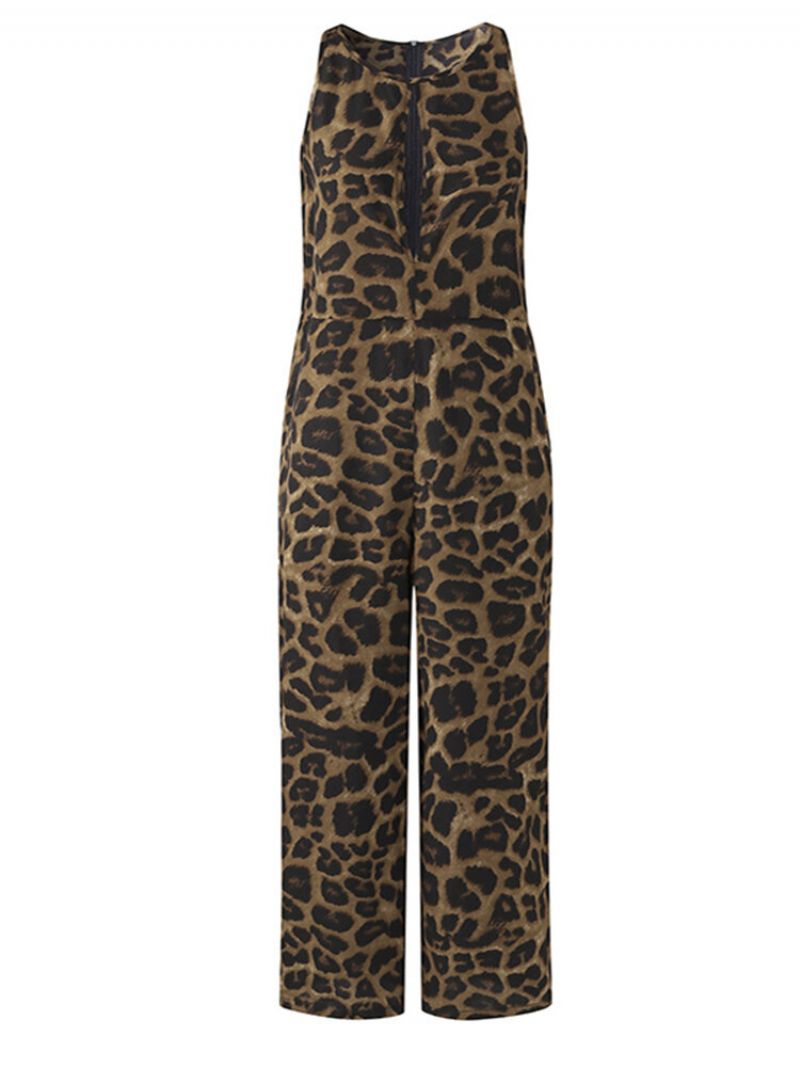 Leopard Print Ermeløs Plus Size Løs Jumpsuit