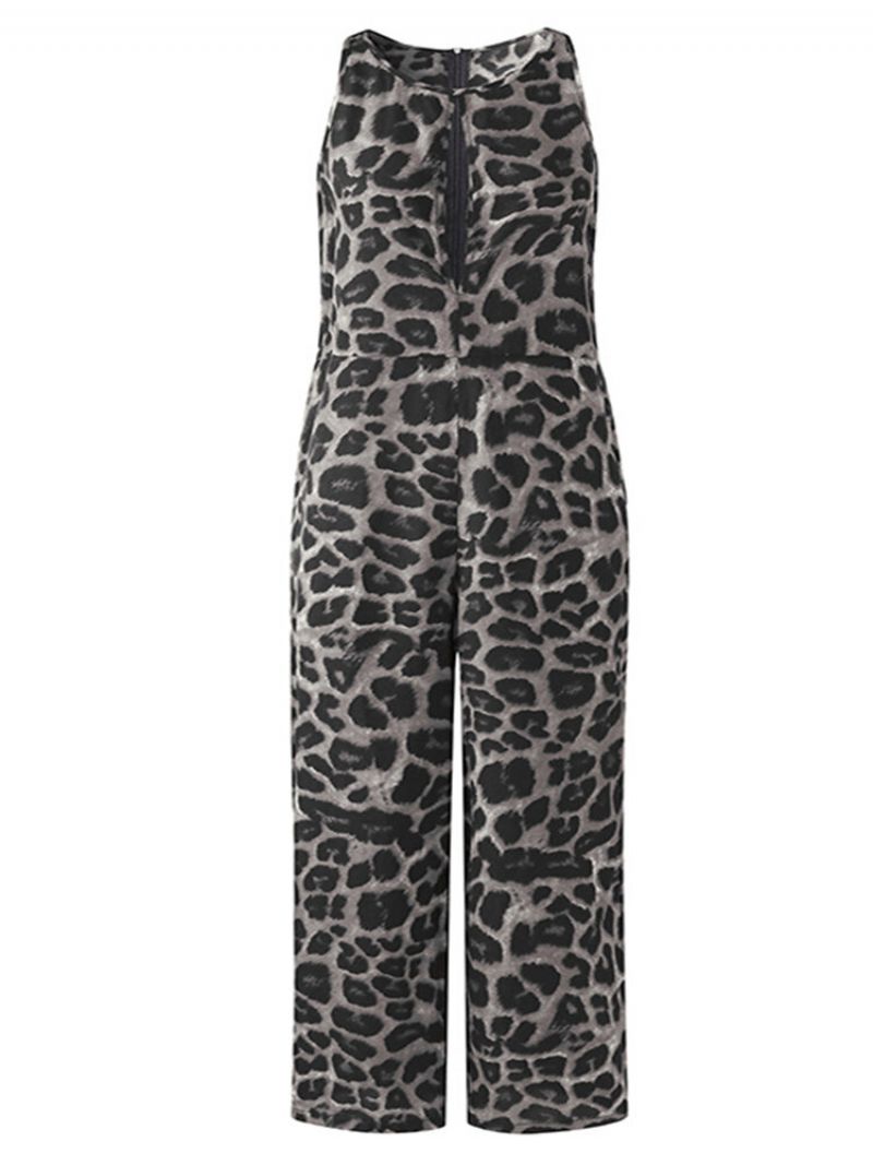 Leopard Print Ermeløs Plus Size Løs Jumpsuit