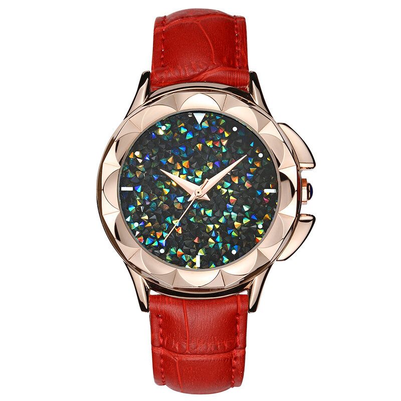 Luksus Dameklokker Flower Case Kaleidoscope Shining Dial Ekte Skinn Lady Quartz Klokker