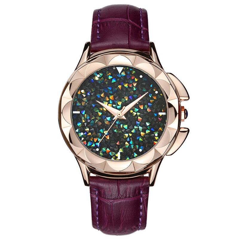 Luksus Dameklokker Flower Case Kaleidoscope Shining Dial Ekte Skinn Lady Quartz Klokker