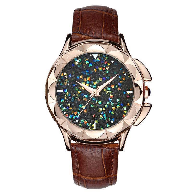 Luksus Dameklokker Flower Case Kaleidoscope Shining Dial Ekte Skinn Lady Quartz Klokker