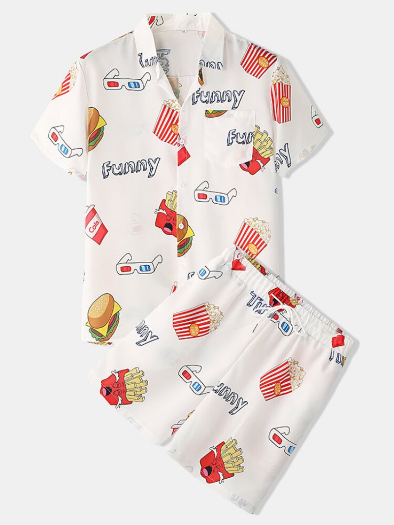 Menn Funny Print Hamburger Loungewear-sett To Deler Lapel Collar Kortermet Tynn Sommerpyjamas