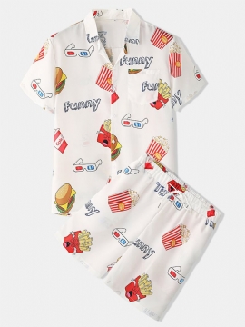 Menn Funny Print Hamburger Loungewear-sett To Deler Lapel Collar Kortermet Tynn Sommerpyjamas