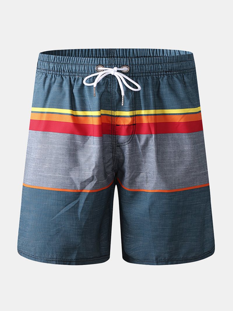 Menn Solid Color Stripe Board Shorts Myk Mesh Liner Hurtigtørkende Pocket Swim