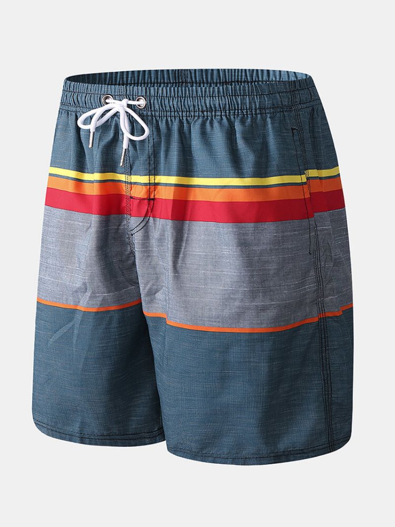 Menn Solid Color Stripe Board Shorts Myk Mesh Liner Hurtigtørkende Pocket Swim