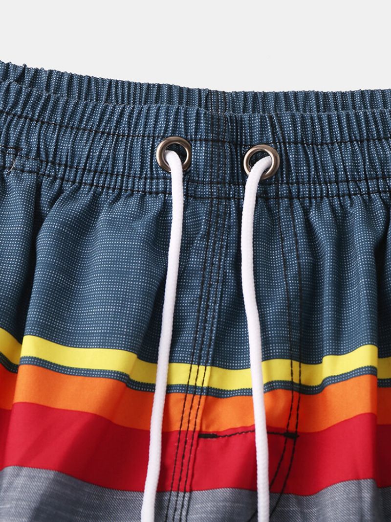 Menn Solid Color Stripe Board Shorts Myk Mesh Liner Hurtigtørkende Pocket Swim