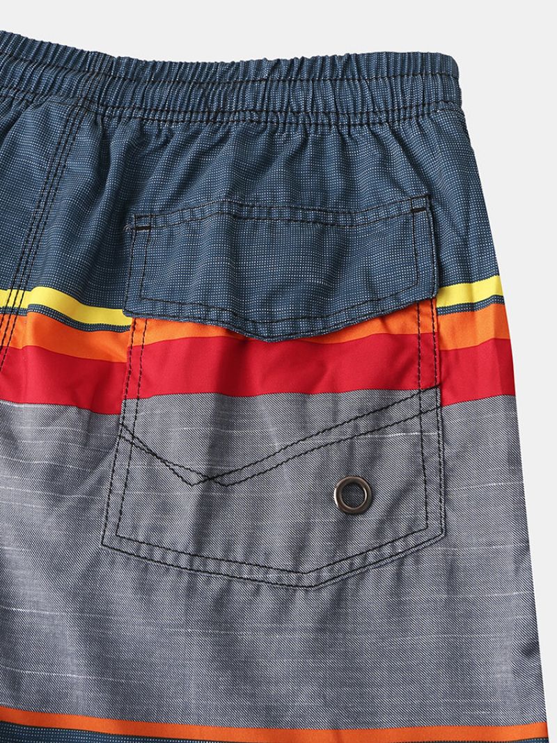 Menn Solid Color Stripe Board Shorts Myk Mesh Liner Hurtigtørkende Pocket Swim