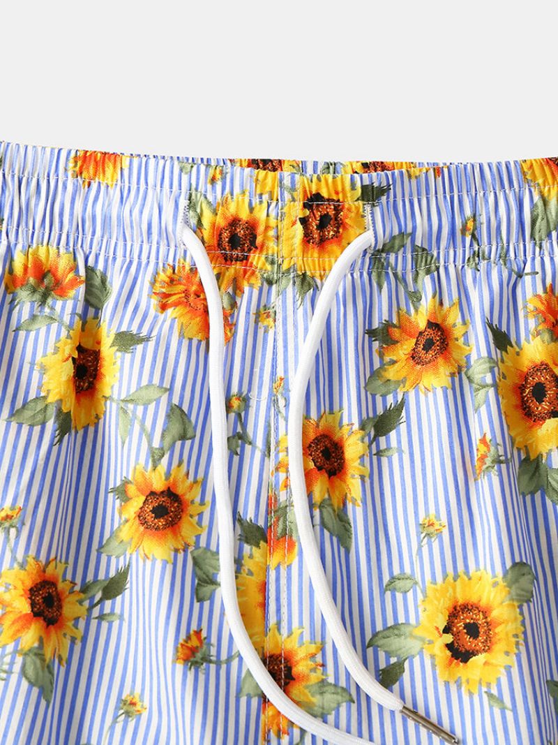 Menn Sunflower Striped Print Shorts Lett Casual Mesh Liner Baord