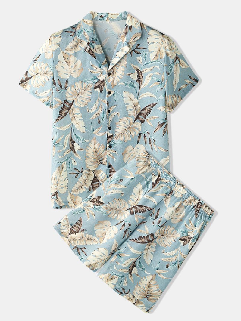 Menn Tropical Leaves Print Loungewear To Deler Imitert Silke Pyjamas Lapeal Krage Tynt Nattøy