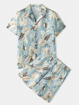 Menn Tropical Leaves Print Loungewear To Deler Imitert Silke Pyjamas Lapeal Krage Tynt Nattøy