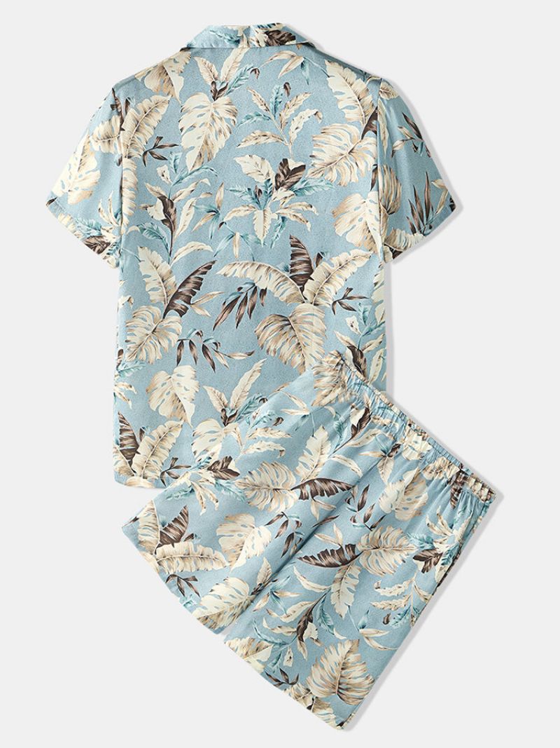 Menn Tropical Leaves Print Loungewear To Deler Imitert Silke Pyjamas Lapeal Krage Tynt Nattøy