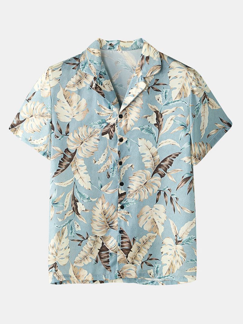 Menn Tropical Leaves Print Loungewear To Deler Imitert Silke Pyjamas Lapeal Krage Tynt Nattøy