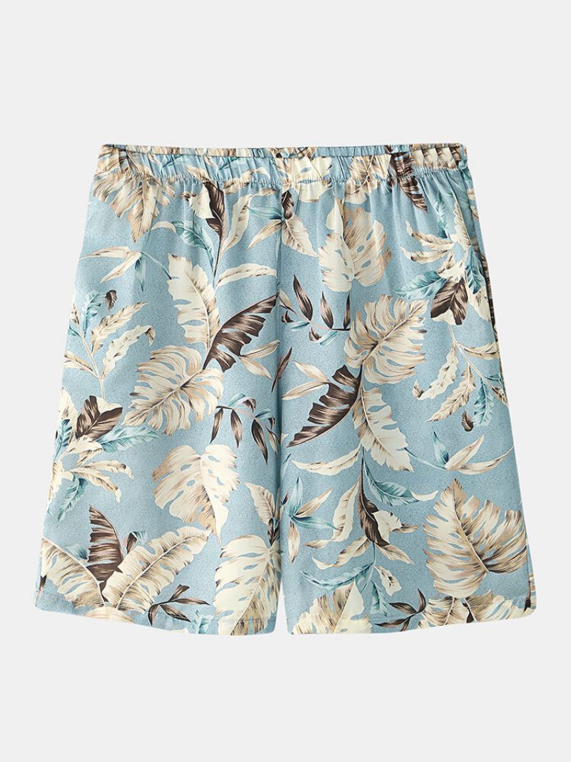 Menn Tropical Leaves Print Loungewear To Deler Imitert Silke Pyjamas Lapeal Krage Tynt Nattøy