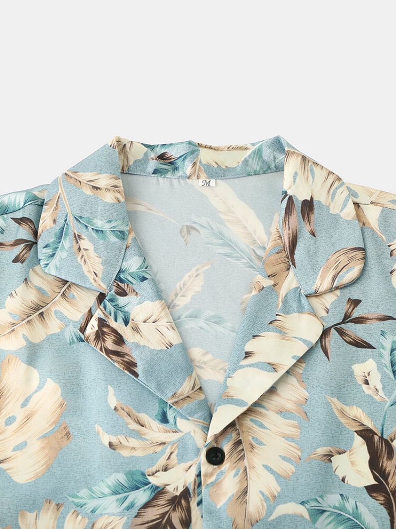 Menn Tropical Leaves Print Loungewear To Deler Imitert Silke Pyjamas Lapeal Krage Tynt Nattøy