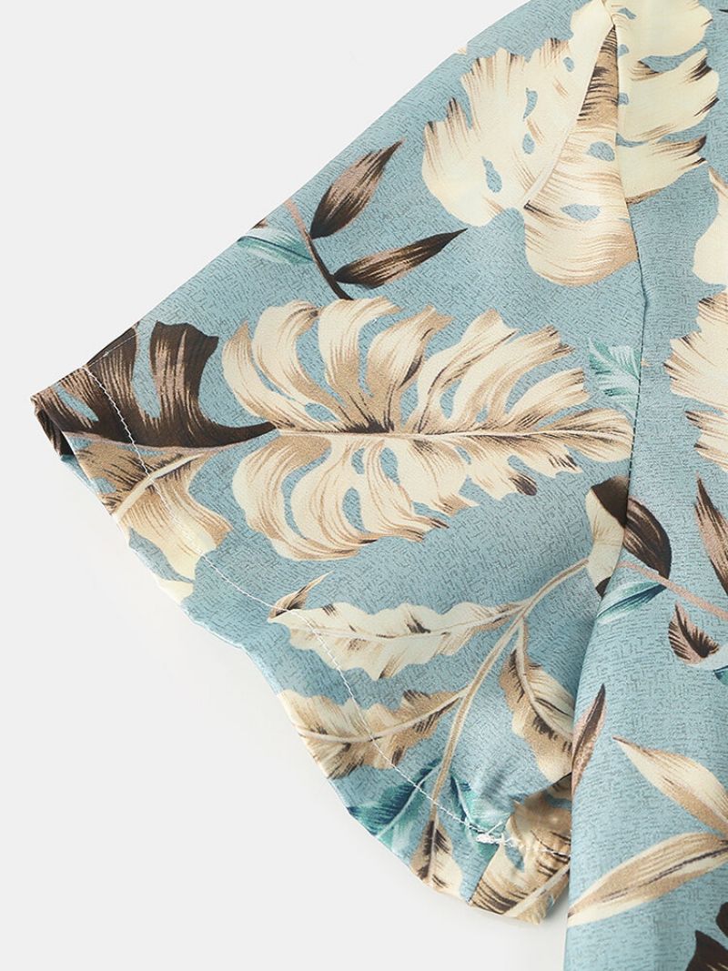 Menn Tropical Leaves Print Loungewear To Deler Imitert Silke Pyjamas Lapeal Krage Tynt Nattøy