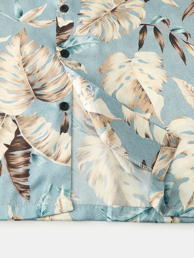 Menn Tropical Leaves Print Loungewear To Deler Imitert Silke Pyjamas Lapeal Krage Tynt Nattøy