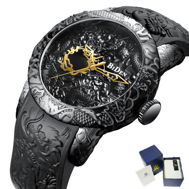 Merke Herreklokker Biden Mote 3d-gravert Dragon Quartz Watch Vanntett Sport Herreklokke Relogio Masculino