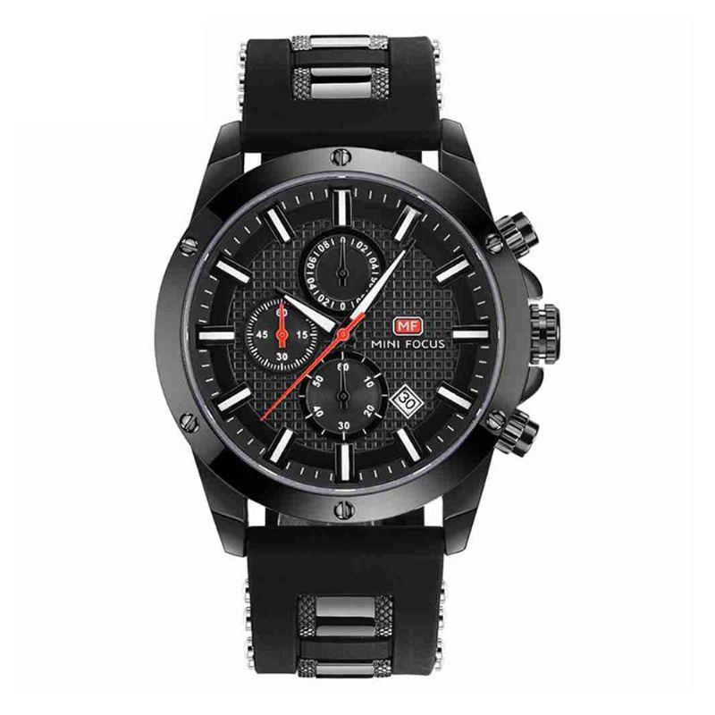 Mini Focus Mote Kvartsklokke Herre Chronograph 3 Sub-dials 6-henders Kalender Silikonstropp Vanntett 30 Meter Sport Armbåndsur