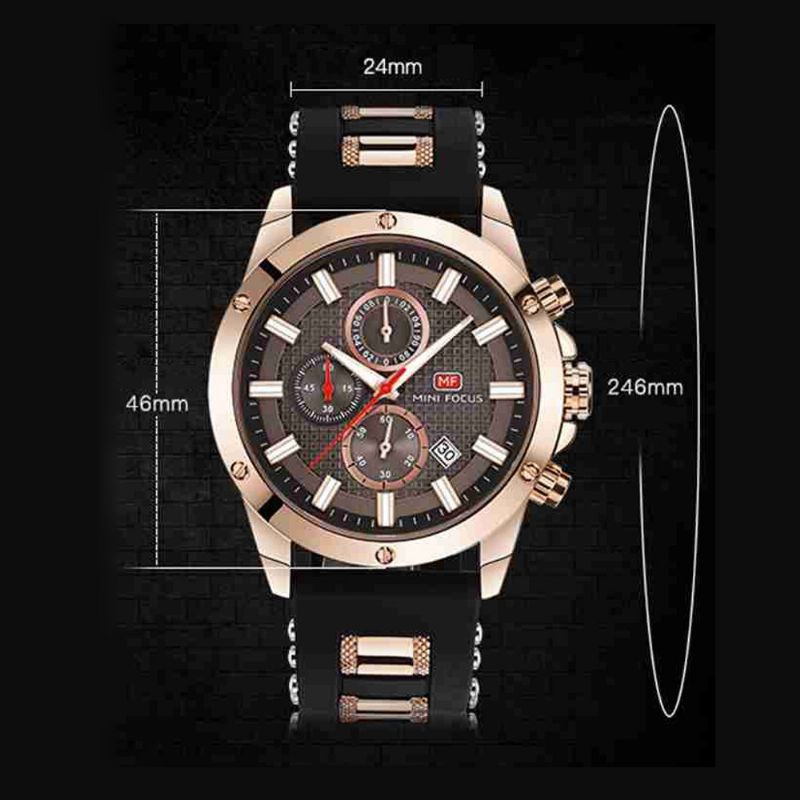 Mini Focus Mote Kvartsklokke Herre Chronograph 3 Sub-dials 6-henders Kalender Silikonstropp Vanntett 30 Meter Sport Armbåndsur