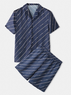 Navy Stripe Pyjamas Sett I To Deler Business Style Faux Silk Loungewear For Menn