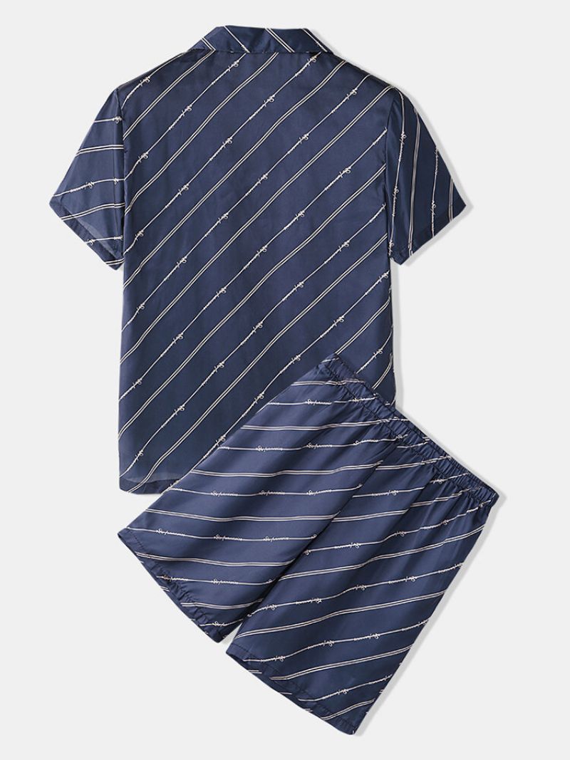 Navy Stripe Pyjamas Sett I To Deler Business Style Faux Silk Loungewear For Menn