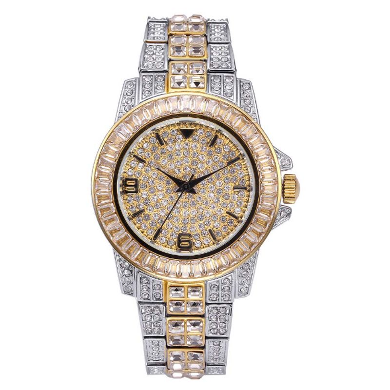 New Men Fashion Utsøkt Vanntett Diamond Date Quartz Watch Gull Rustfritt Stål Business Luxury Herreklokker