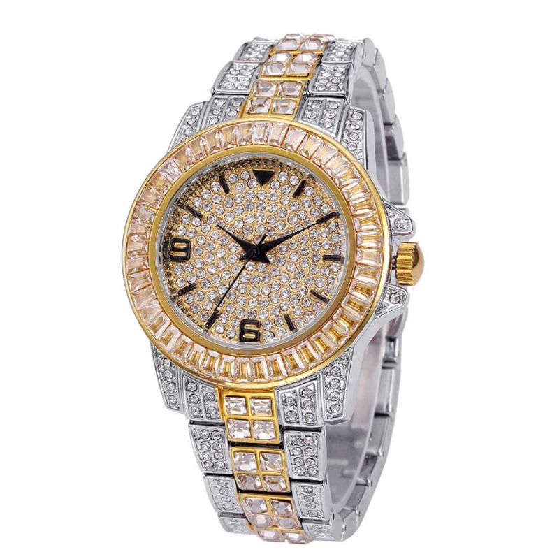 New Men Fashion Utsøkt Vanntett Diamond Date Quartz Watch Gull Rustfritt Stål Business Luxury Herreklokker