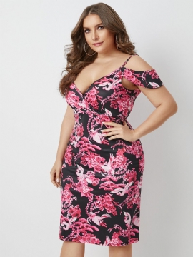 Plus Size Black Flower Wrap Design Cold Shoulder Short Sleeves Dress