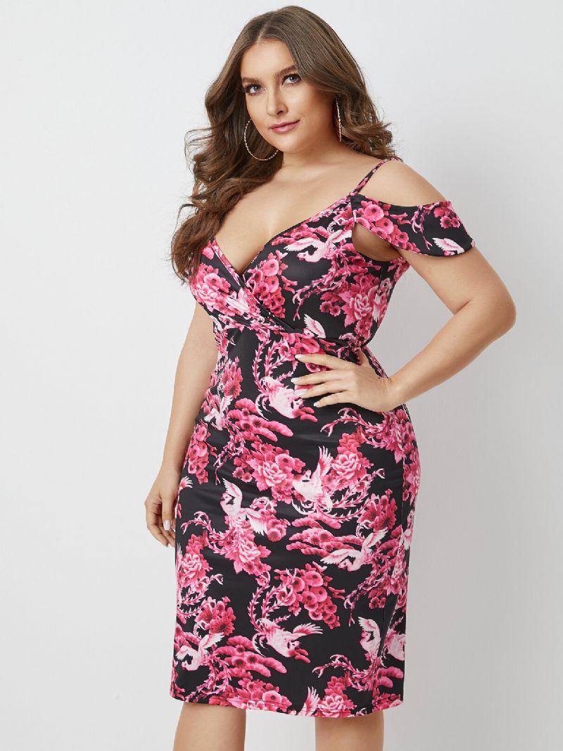 Plus Size Black Flower Wrap Design Cold Shoulder Short Sleeves Dress