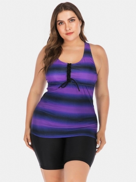 Plus Size Dame Tankini Front Bandasje Stripe Gradient Cover Belly Badetøy