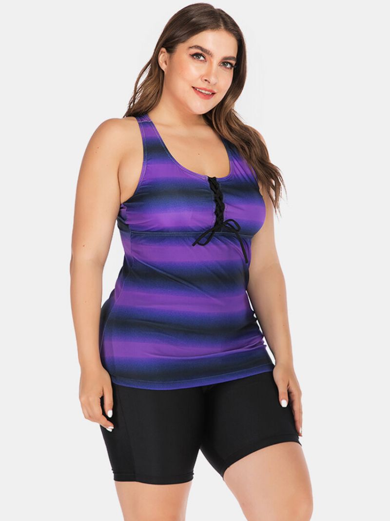 Plus Size Dame Tankini Front Bandasje Stripe Gradient Cover Belly Badetøy