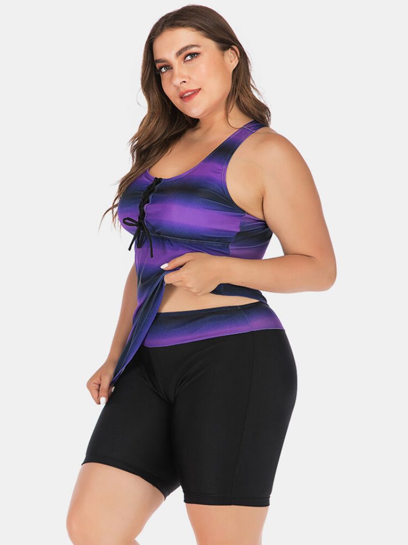 Plus Size Dame Tankini Front Bandasje Stripe Gradient Cover Belly Badetøy