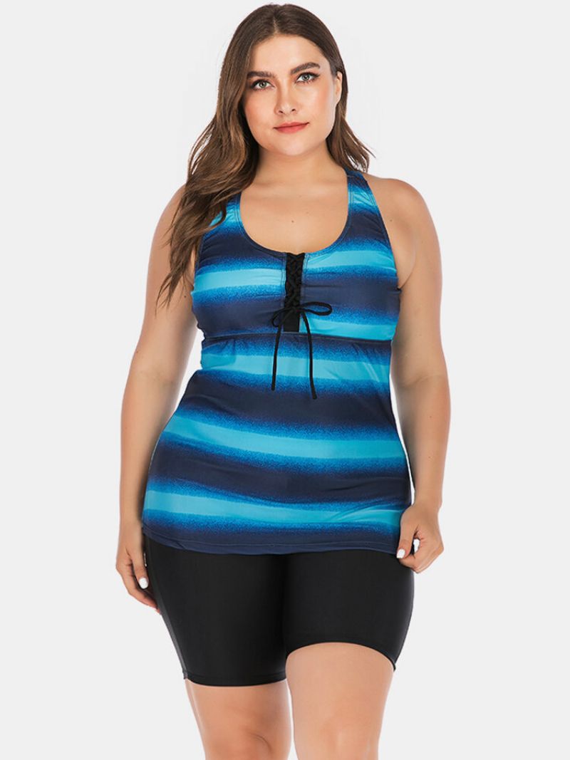 Plus Size Dame Tankini Front Bandasje Stripe Gradient Cover Belly Badetøy