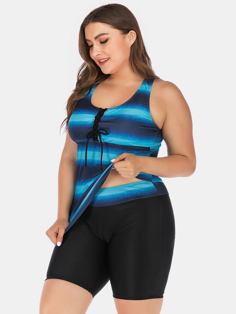 Plus Size Dame Tankini Front Bandasje Stripe Gradient Cover Belly Badetøy