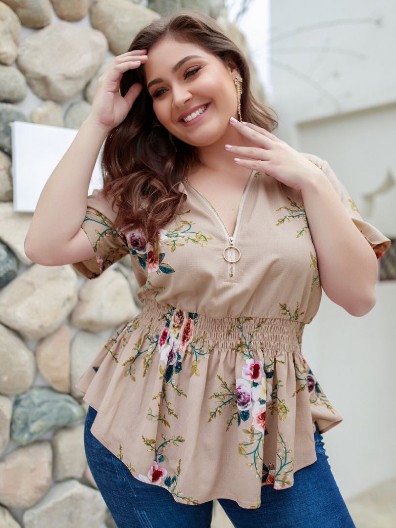 Plus Size Khaki Random Floral Print V-hals Bluse