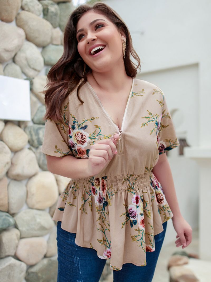 Plus Size Khaki Random Floral Print V-hals Bluse