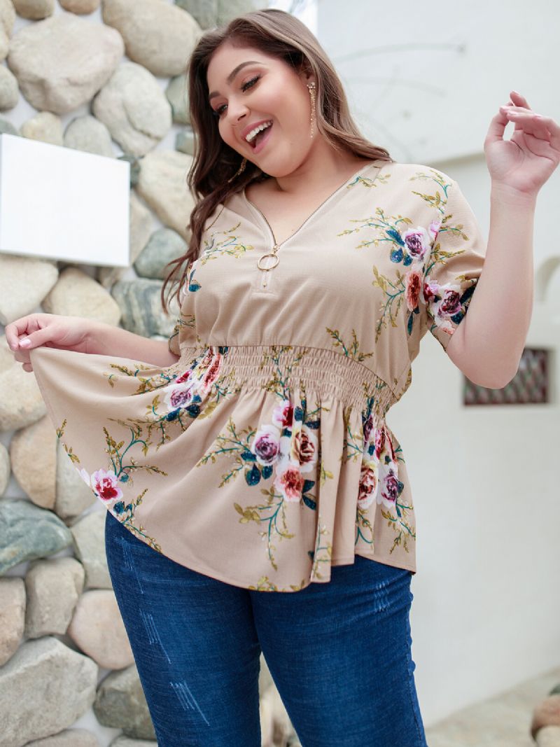 Plus Size Khaki Random Floral Print V-hals Bluse