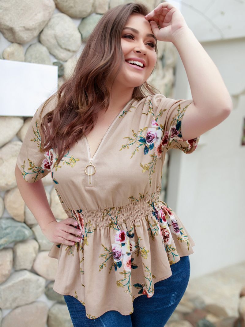 Plus Size Khaki Random Floral Print V-hals Bluse