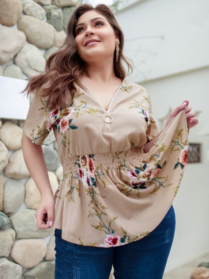 Plus Size Khaki Random Floral Print V-hals Bluse