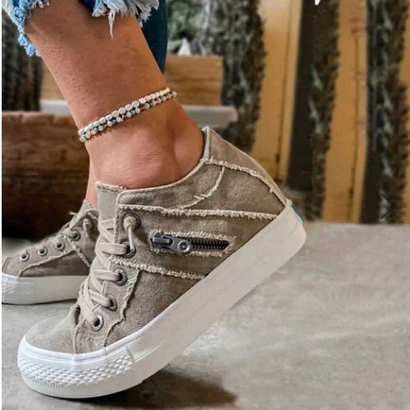 Plus Size Kvinner Retro Glidelås Dekor Canvas Lace Up Flat Casual Sko