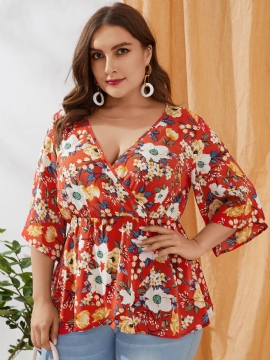 Plus Size Rød Wrap Design Random Floral Print V-hals Bluse